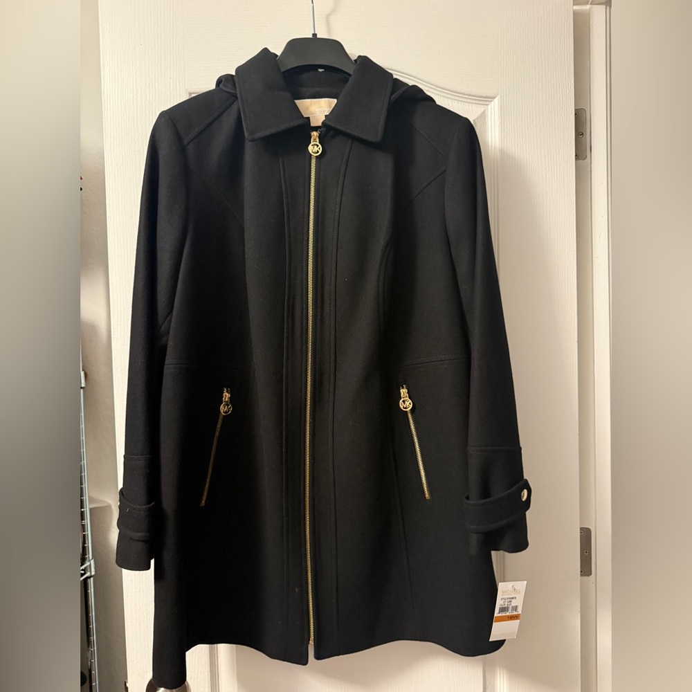 Michael Kors Black Trench Coat with Gold Accents